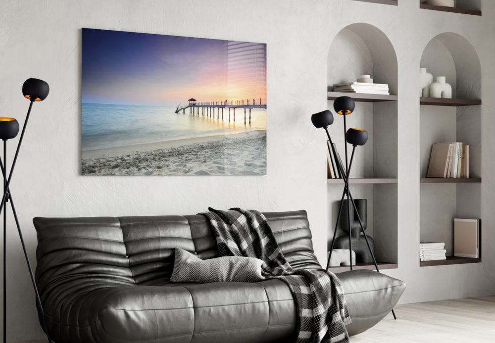 Dock glass wall art styled above a bed in a beach-mood bedroom