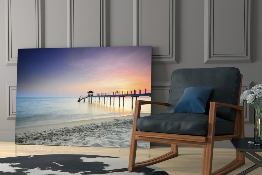Dock glass print adding coastal softness to a hallway