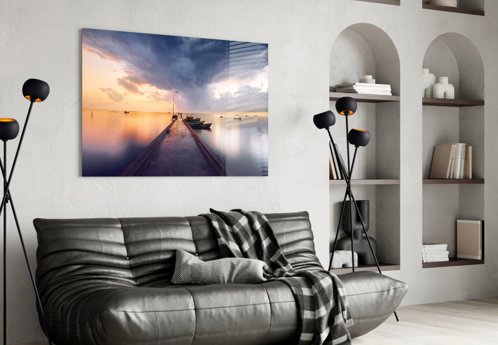Dock glass wall art styled above a sofa in a maritime-character living room