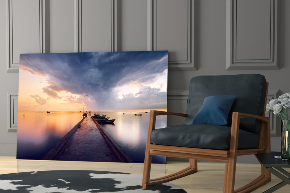 Dock glass print enhancing a hallway with harbor calm