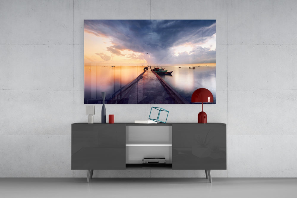Dock panel catching ambient light to reveal its dramatic sky