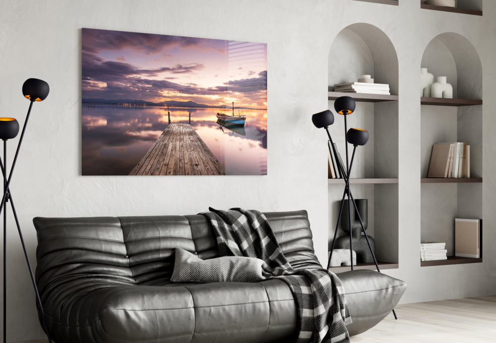 Dock glass wall art styled above a bed in an end-of-day bedroom