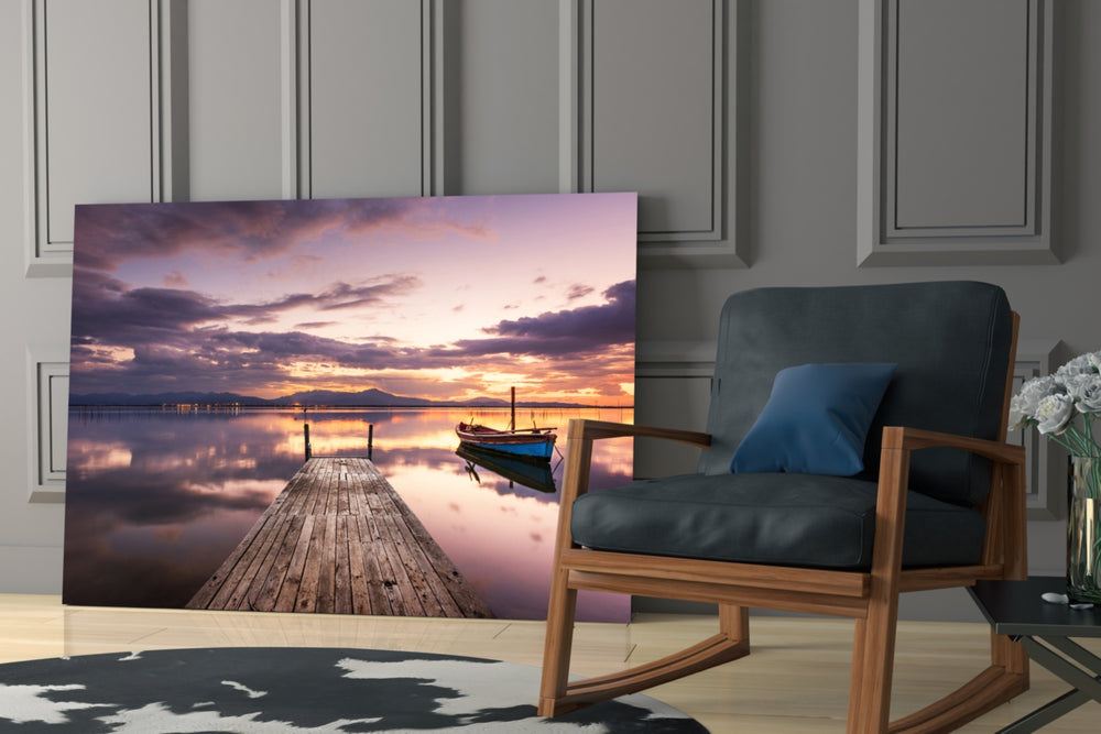 Dock glass print adding mirrored sunset to a hallway