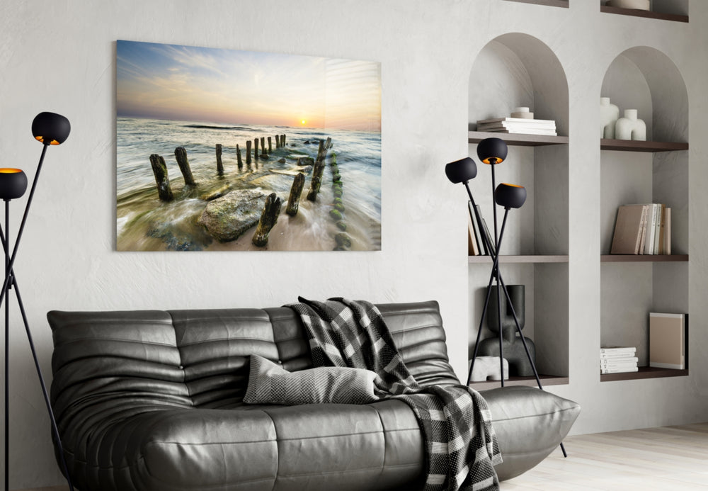 Dock glass wall art styled above a bed in a poetic bedroom