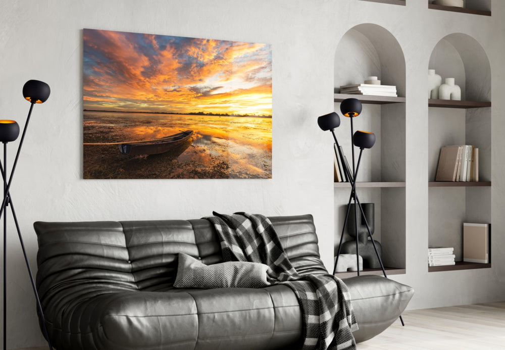 Lake glass wall art styled above a sofa in a saturated-taste living room