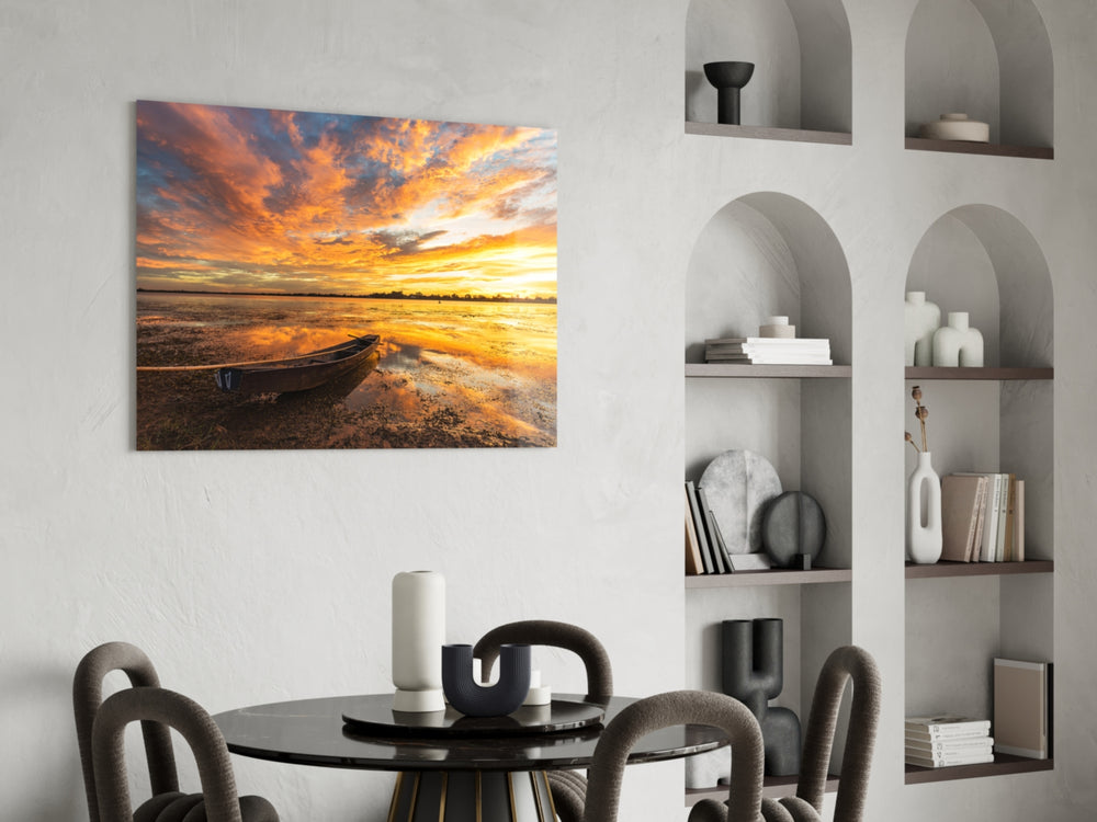 Lake panel adding sunset drama to a bedroom