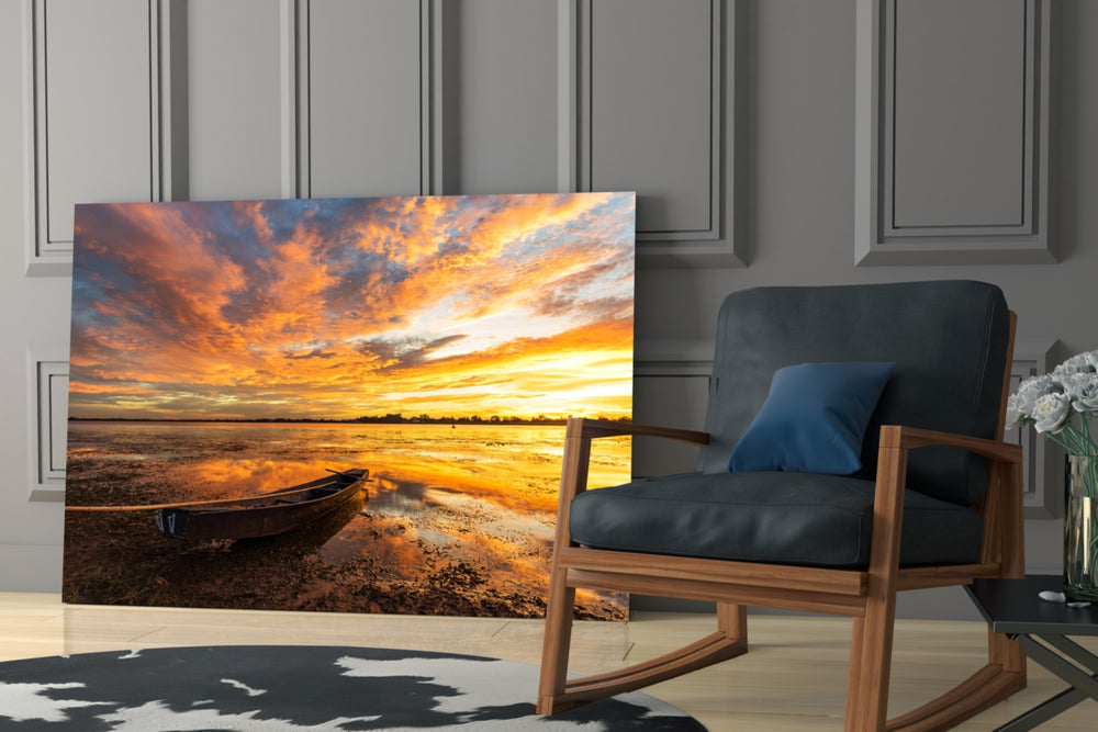Lake glass print enhancing a dining area with warm mood