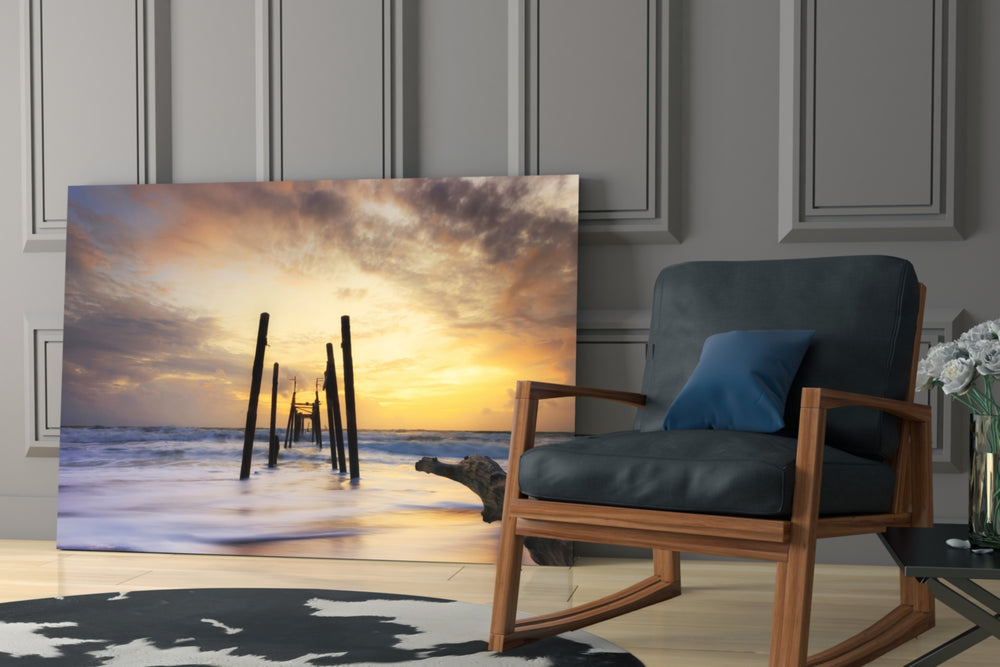 Destroyed Dock glass print enhancing a hallway with sunset mood