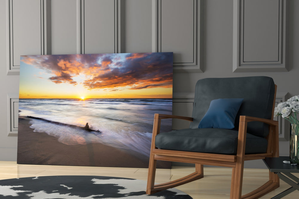 Sunset glass print adding dreamy mood to a hallway