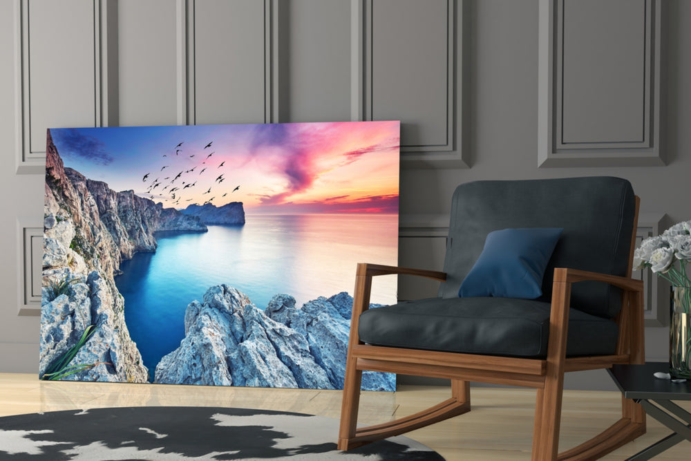 Red Sunset glass print enhancing a hallway with coastal grandeur