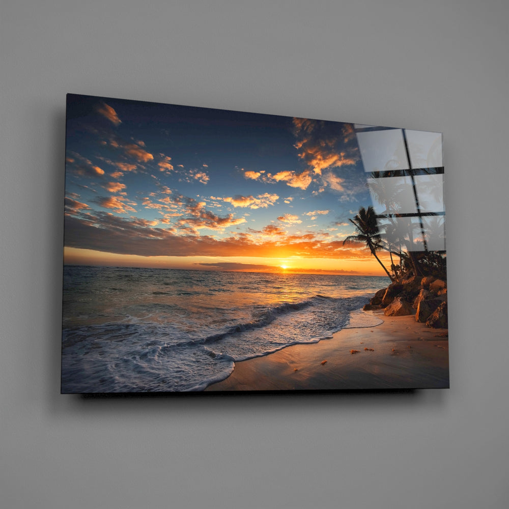 Tropical sunset panel bringing coastal warmth to a contemporary living space