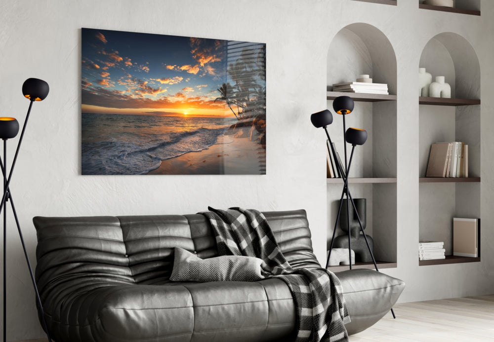 Palm Trees glass wall art styled above a sofa in a resort-taste living room