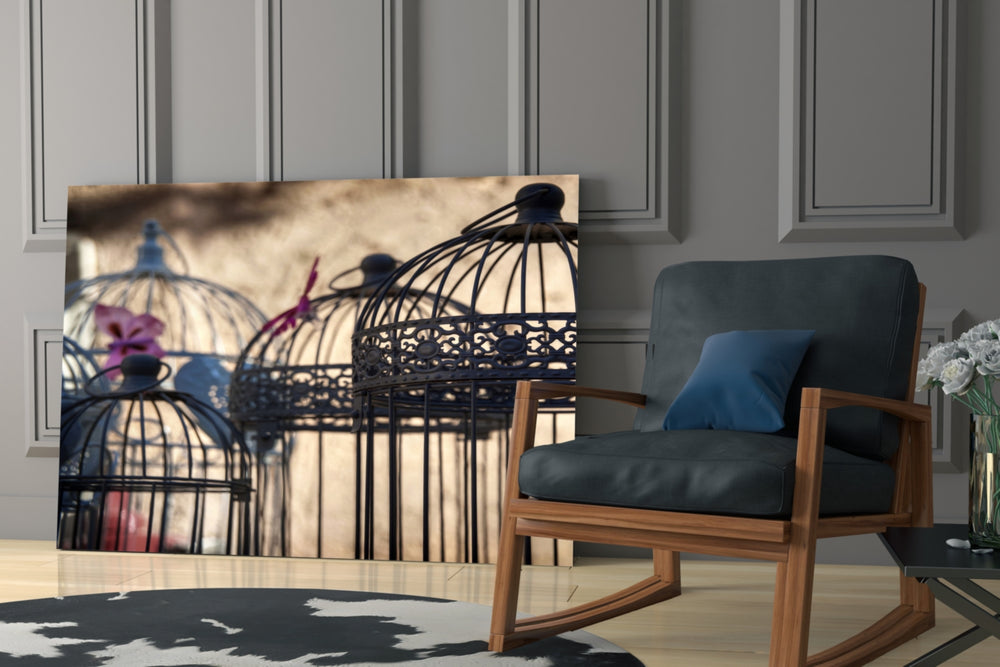 Birdcage glass print enhancing a hallway with shabby-chic warmth
