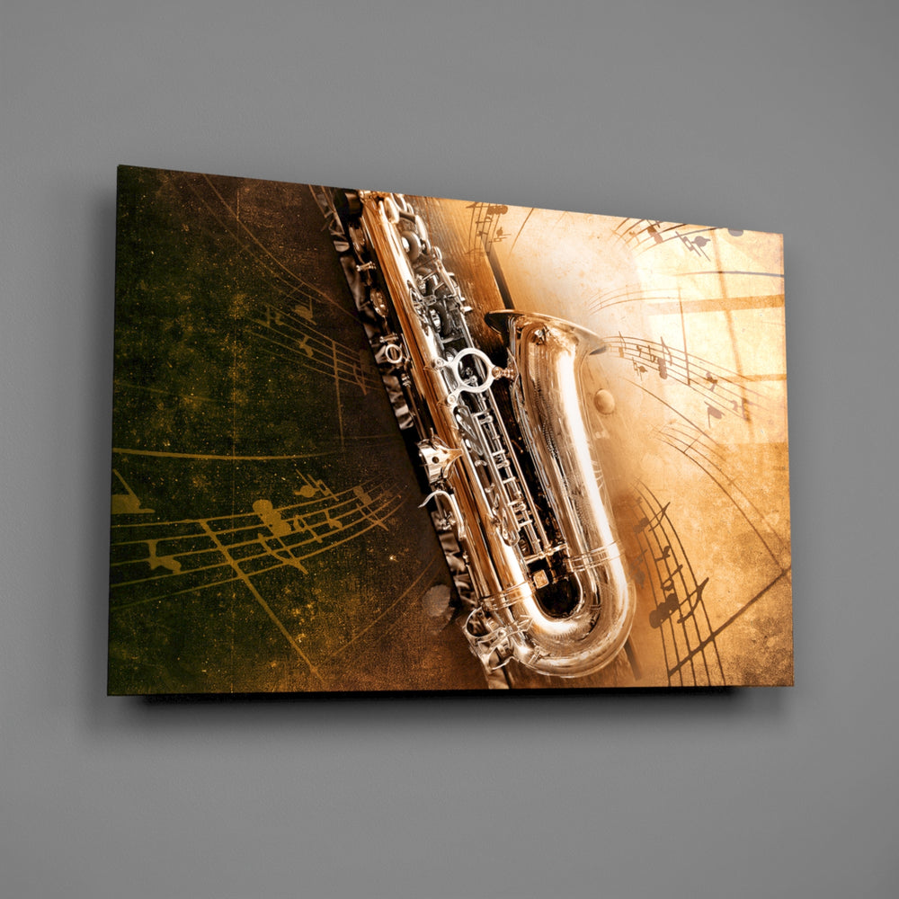 Jazz saxophone panel bringing speakeasy warmth to a contemporary living space
