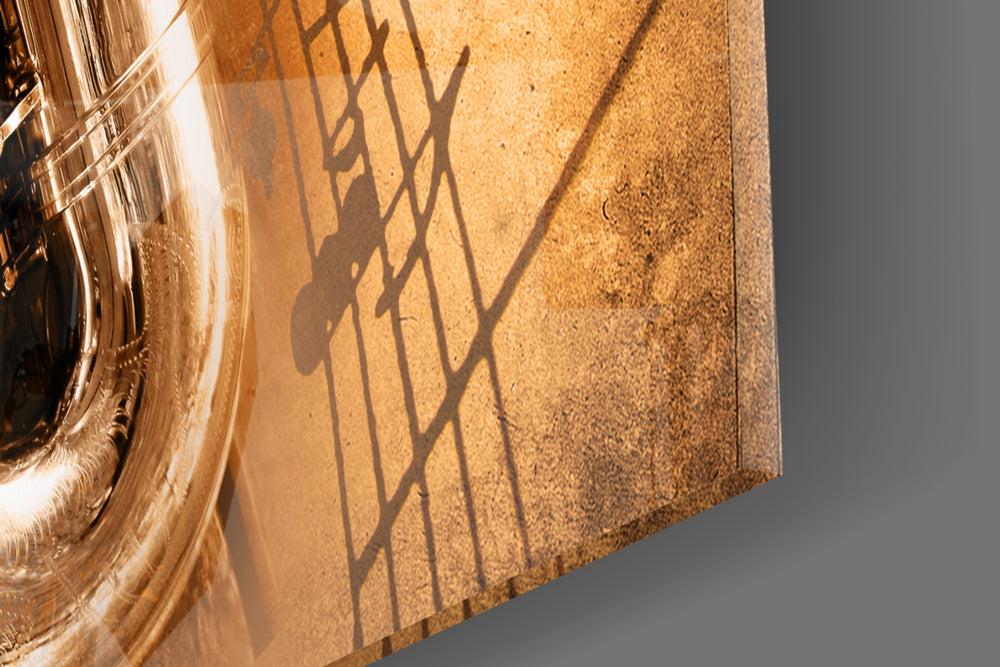Saxophone artwork anchoring a library with jazz palette