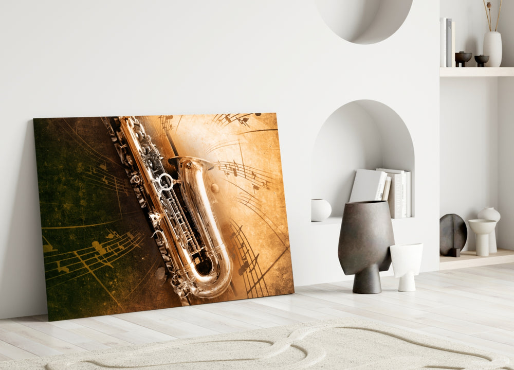 Close-up detail of the brass saxophone keys and music notes