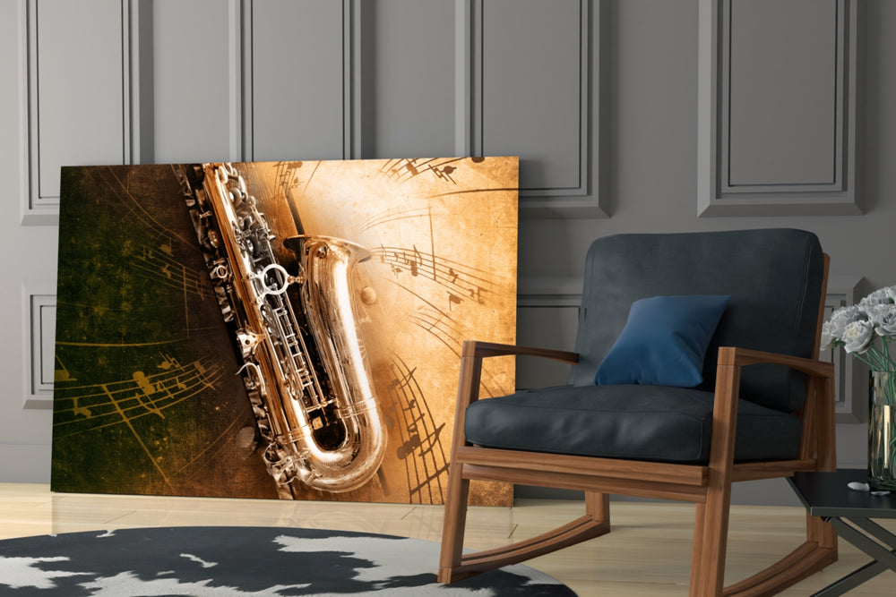 Saxophone glass print enhancing a study with gramophone mood