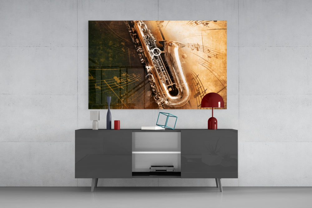 Saxophone panel catching warm light to reveal its brass shine