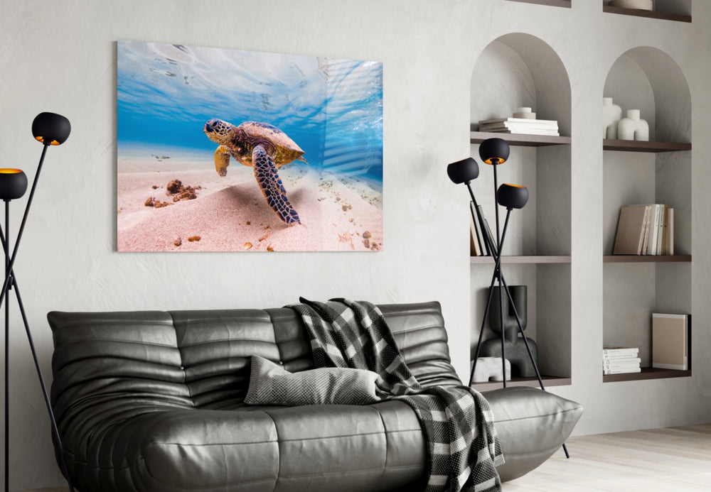 Sea Turtle glass wall art styled above a bed in an ocean-mood bedroom