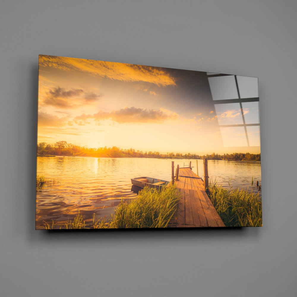 Golden lake pier panel bringing lake-house calm to a contemporary living space