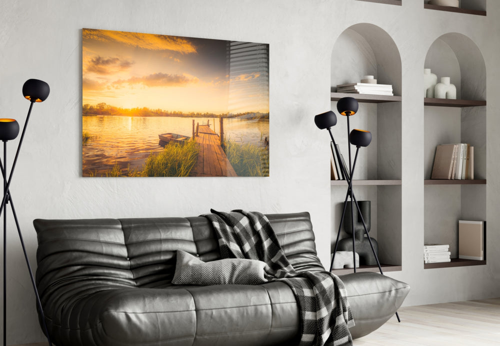 Dock glass wall art styled above a sofa in a lake-house living room