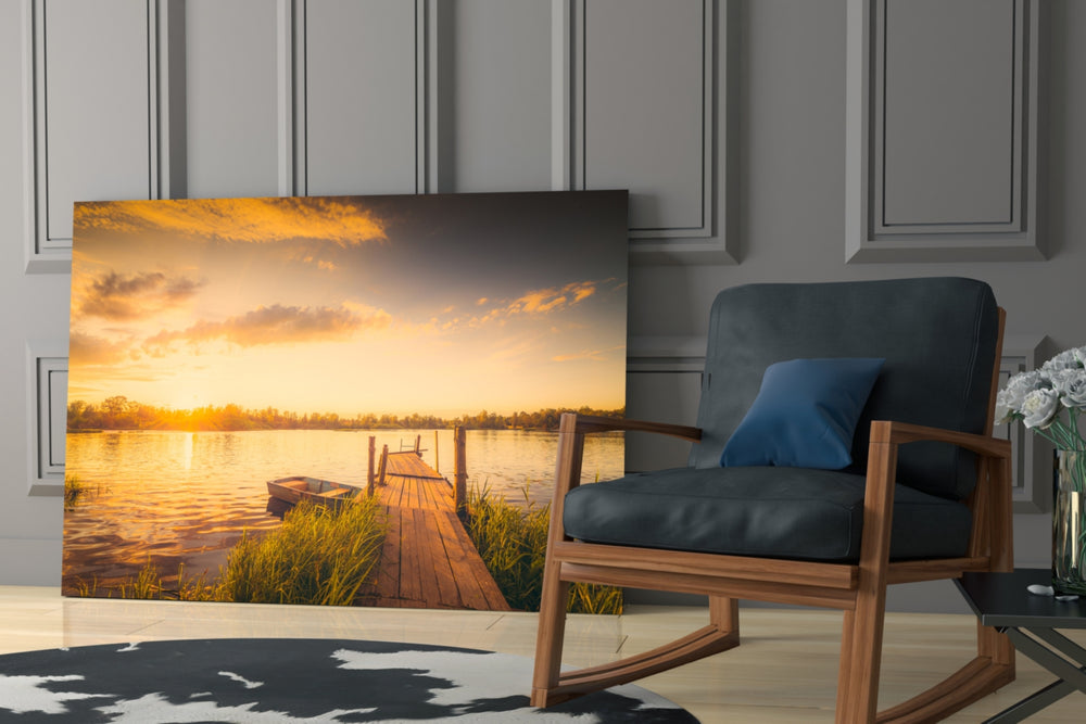 Dock glass print enhancing a cabin-inspired dining area