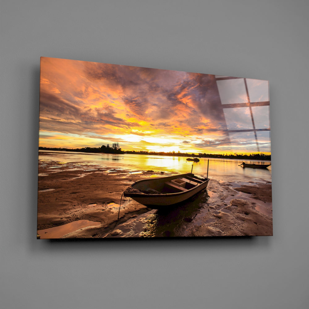 Fiery tidal sunset panel bringing dramatic warmth to a contemporary living space
