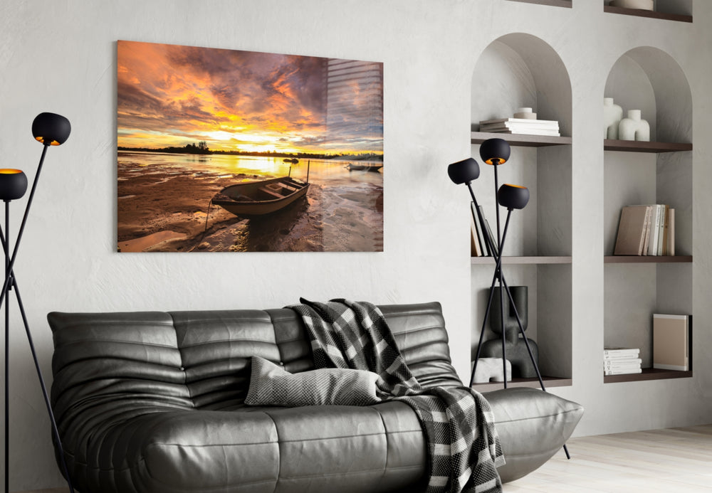 Lake glass wall art styled above a sofa in a statement-sunset living room