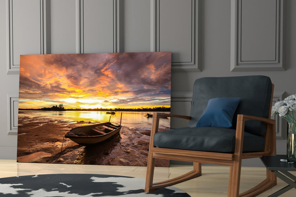 Lake glass print enhancing a dining area with fire-light mood