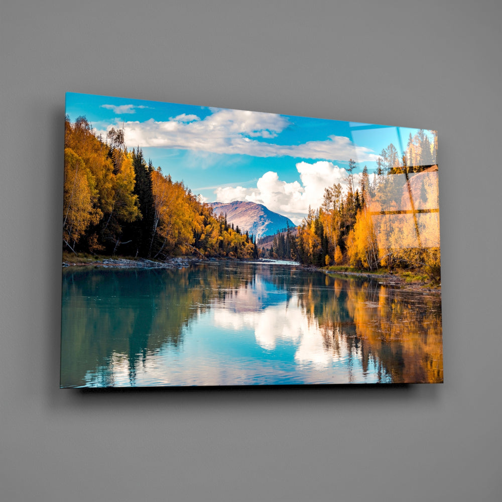 Autumn river panel bringing seasonal warmth to a contemporary living space
