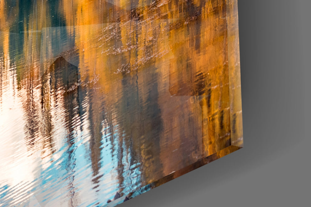 Lake artwork anchoring a hallway with autumn palette