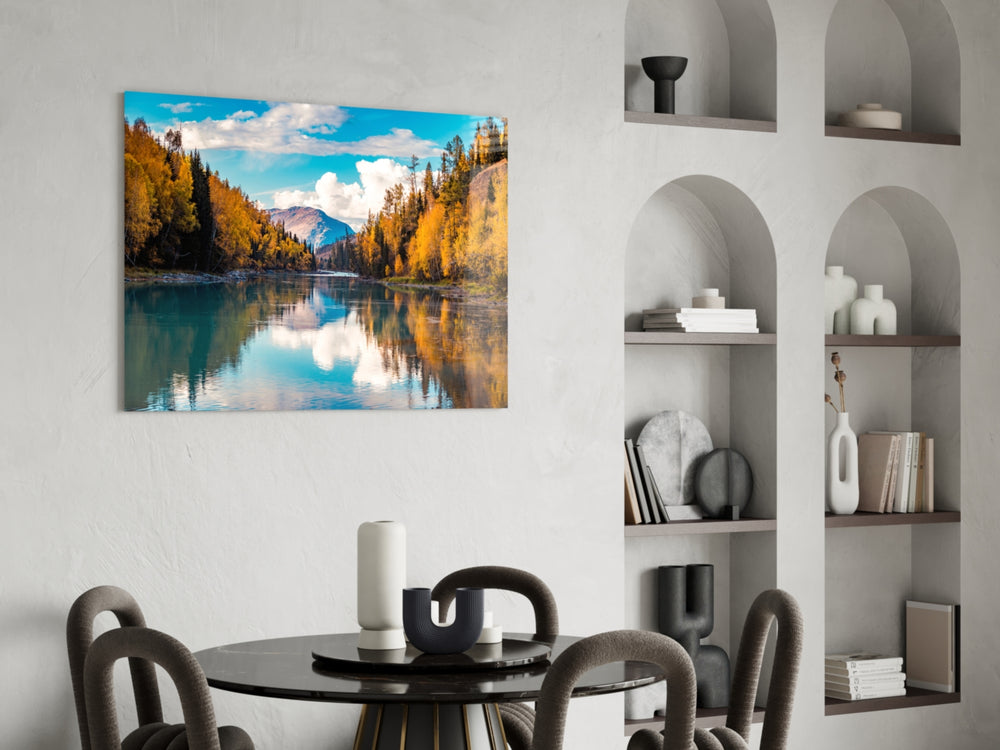 Lake panel adding seasonal warmth to a dining area