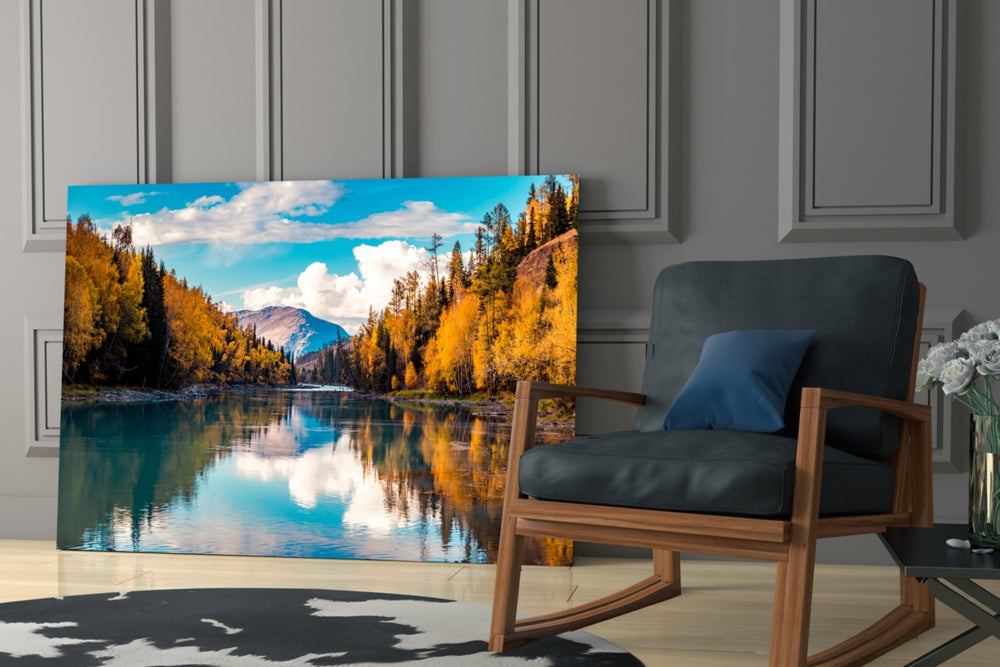 Lake glass print enhancing a study with mountain taste