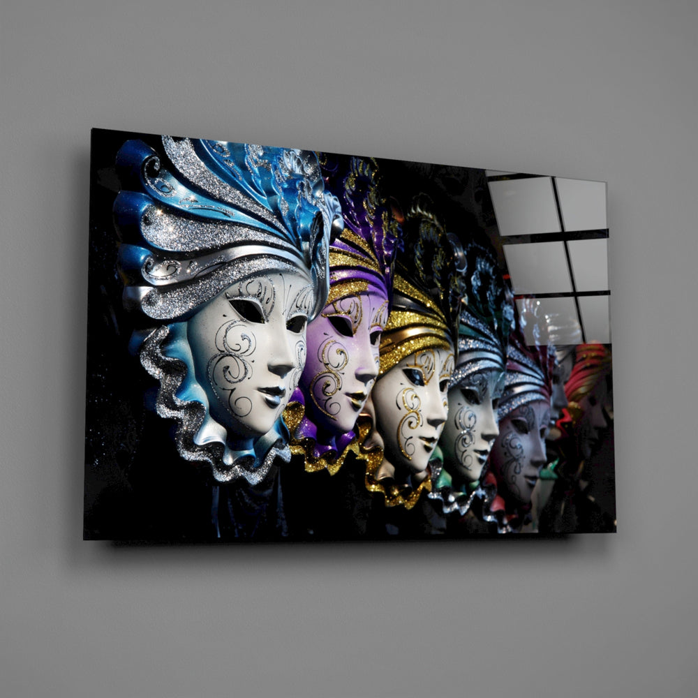 Venetian masks panel bringing theatrical drama to a contemporary living space