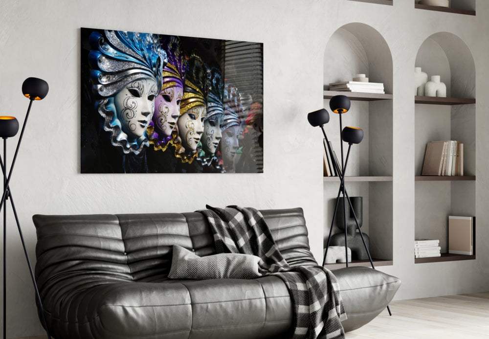 Venetian Carnival Masks glass wall art styled above a sofa in a Venetian-taste living room