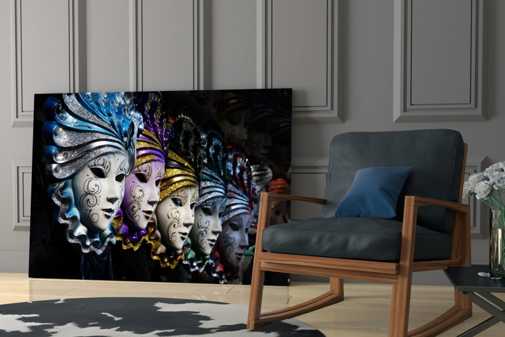 Venetian Carnival Masks glass print enhancing a dining area with opera warmth