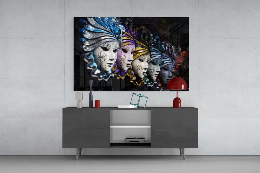 Venetian Carnival Masks panel catching low light to reveal its silver sparkle