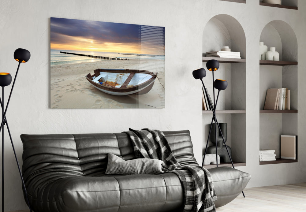 Beach glass wall art styled above a sofa in a seaside-mood living room