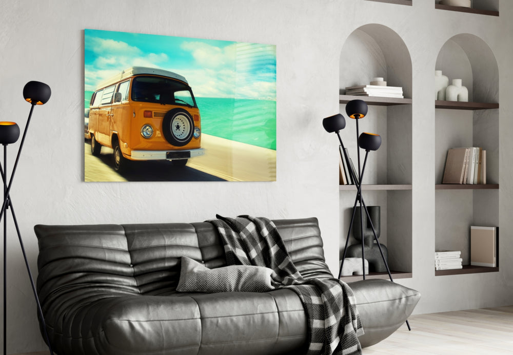 Retro Bubble Minibus Glass Wall Art