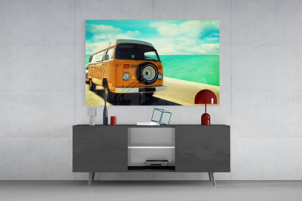 Retro Bubble Minibus Glass Wall Art