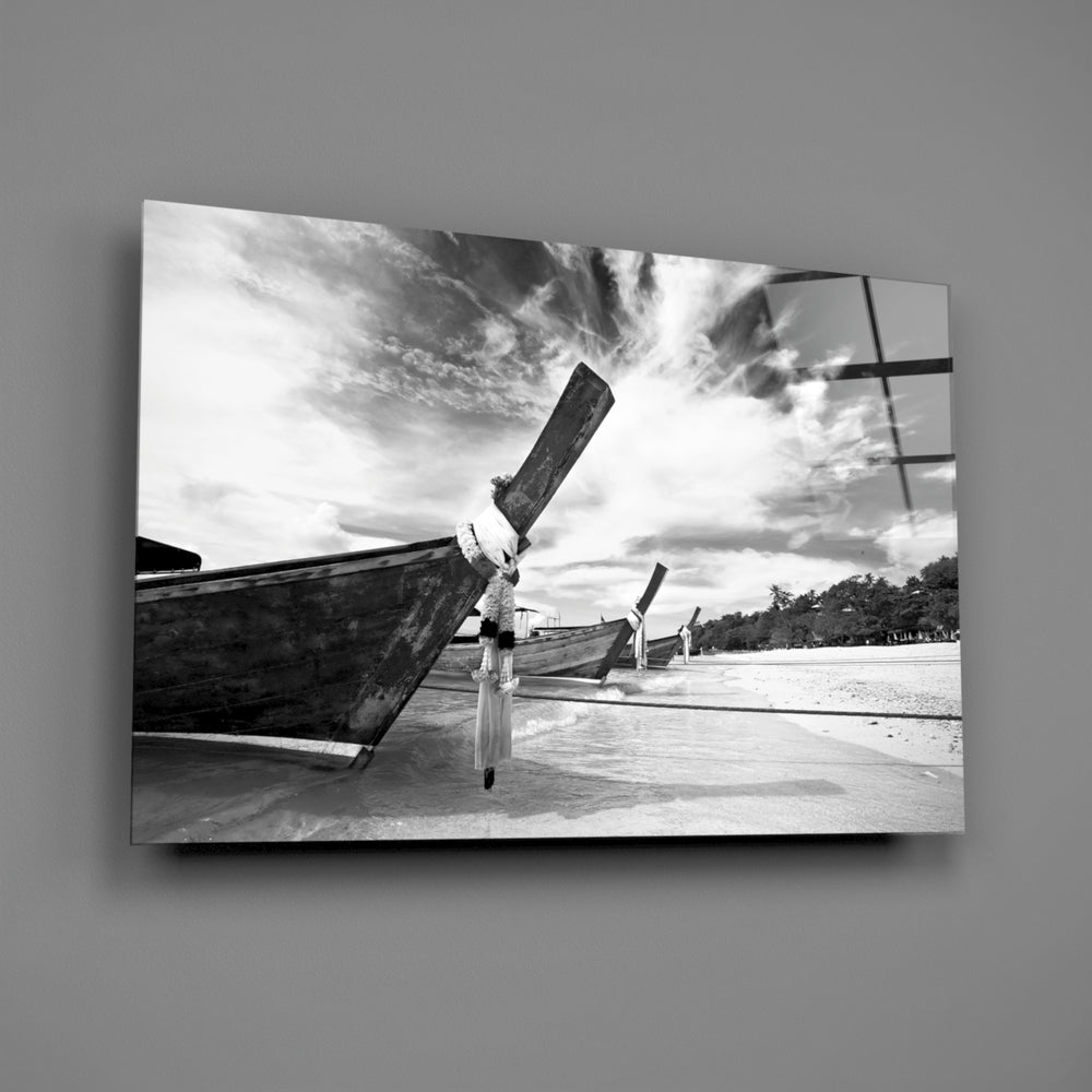 Monochrome long-tail boats panel bringing travel drama to a contemporary living space