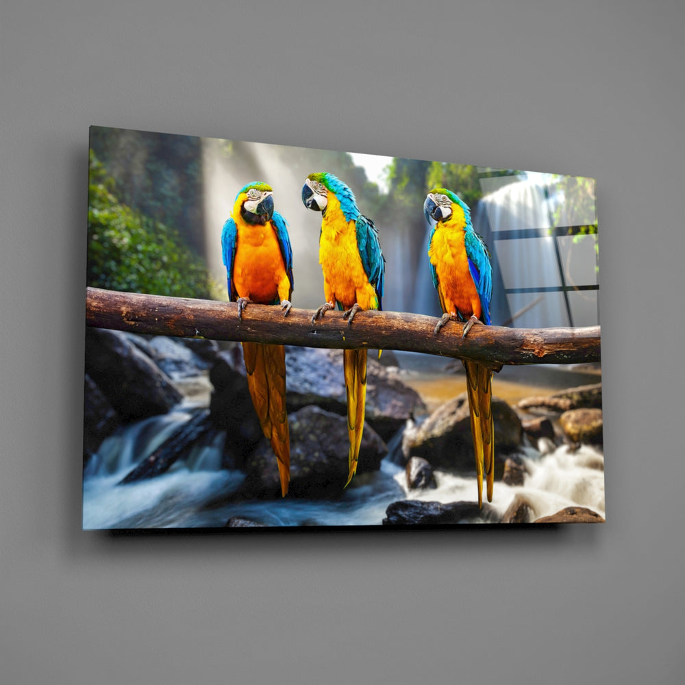 Macaws panel bringing tropical color to a contemporary living space
