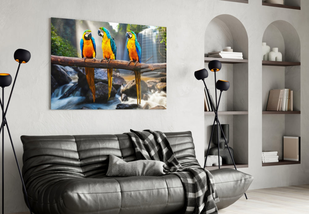 Parrots glass wall art styled above a sofa in a jungle-mood living room