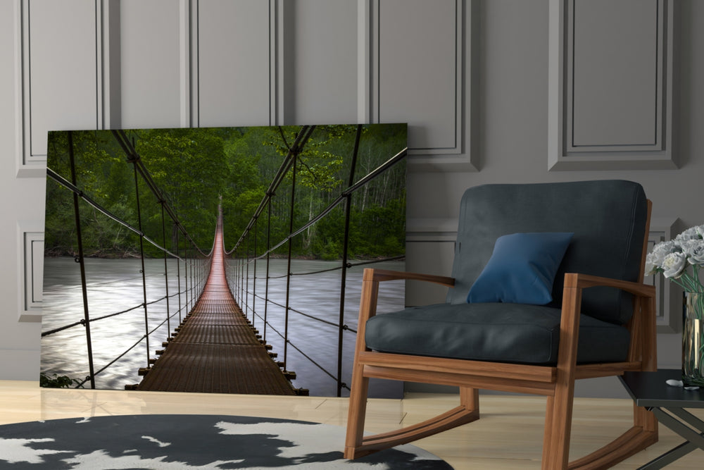 Suspension Bridge glass print enhancing a hallway with deep view