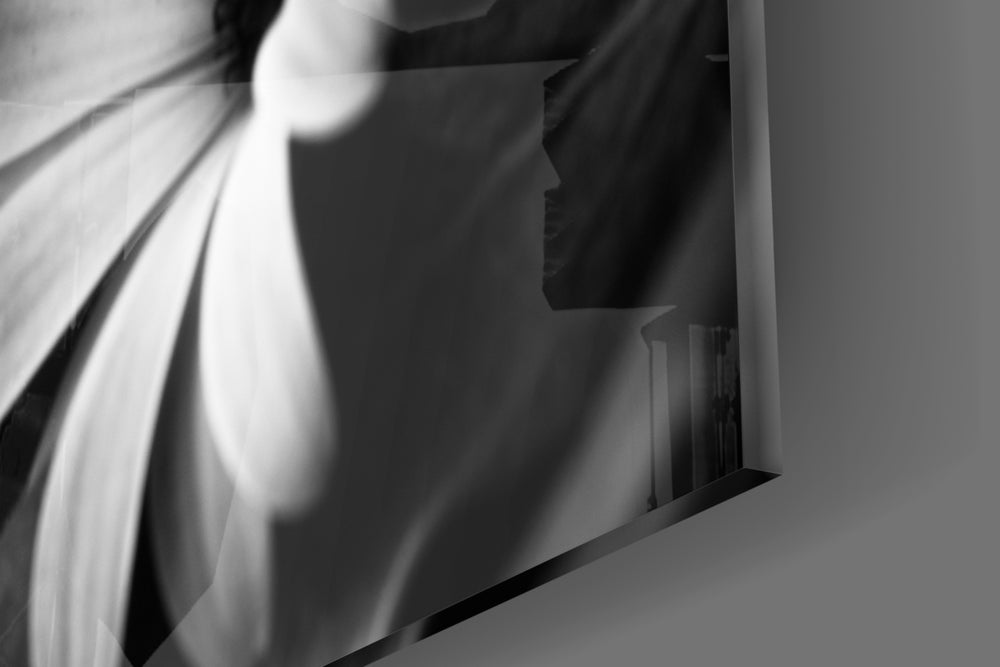 Black-White Flower artwork anchoring a library with monochrome palette