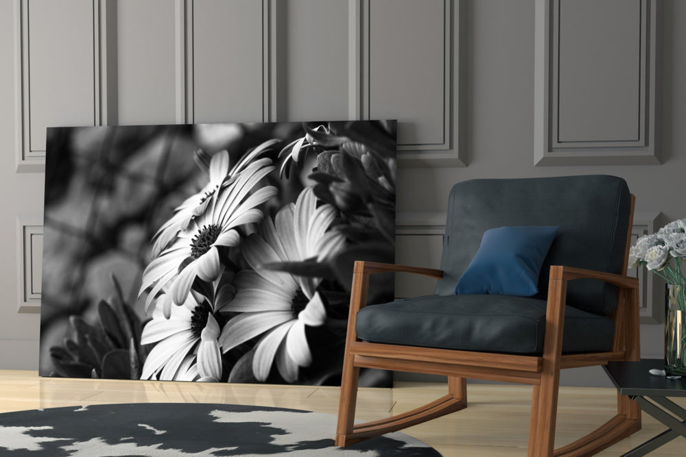 Black-White Flower glass print enhancing a hallway with understated drama