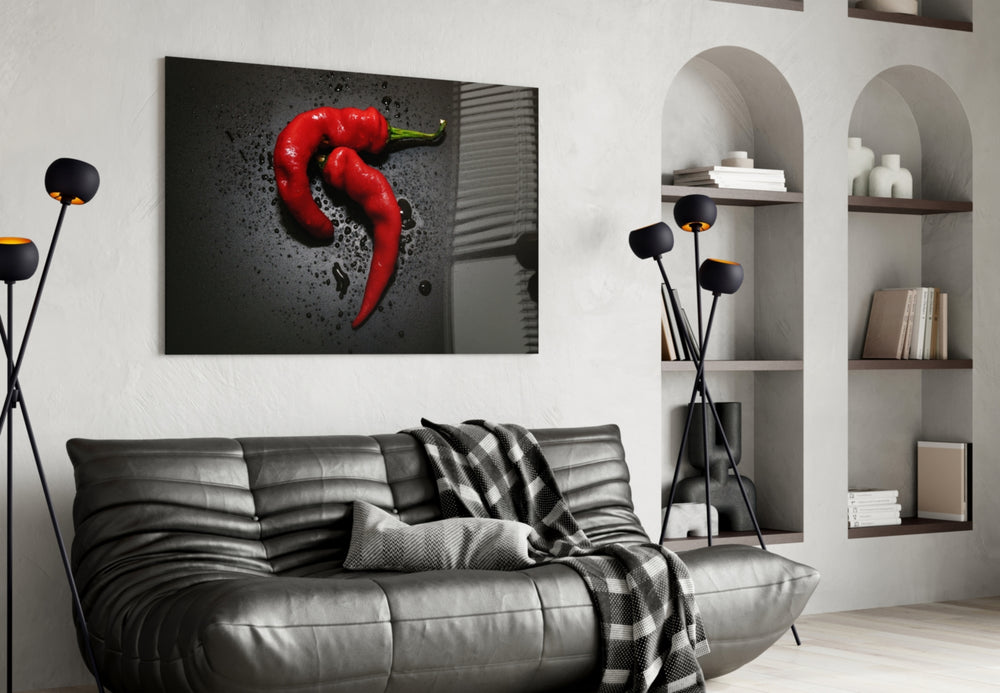 Red Pepper glass wall art styled in a chef's kitchen