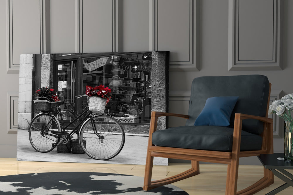Bicycle glass print enhancing a reading nook with literary warmth