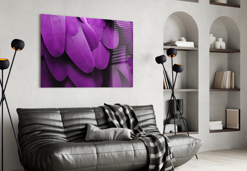 Bird Feathers glass wall art styled above a bed in a velvet-mood bedroom