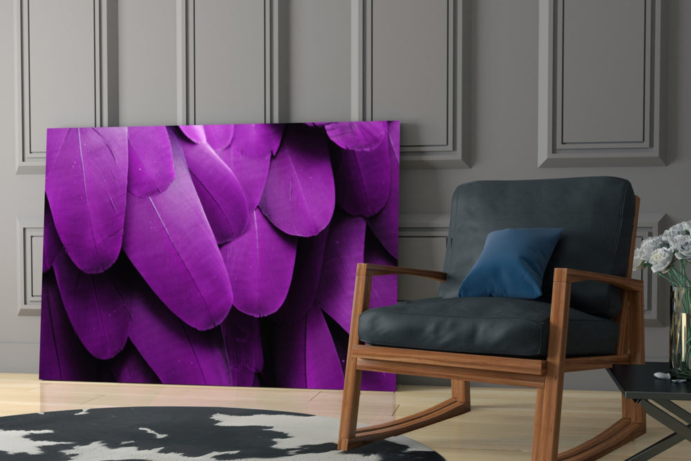 Bird Feathers glass print enhancing a lounge with after-dark warmth